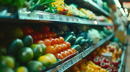 various healthy vegetables displayed in grocery store shelves, food section - obrazy, fototapety, plakaty