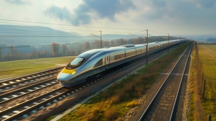 Naklejka premium A high-speed bullet train travels through a scenic countryside landscape under a partly cloudy sky.