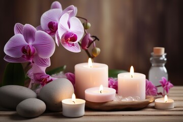 Fototapeta na wymiar Natural Oasis. Serene Relaxation Space with Orchids and Candlelight.