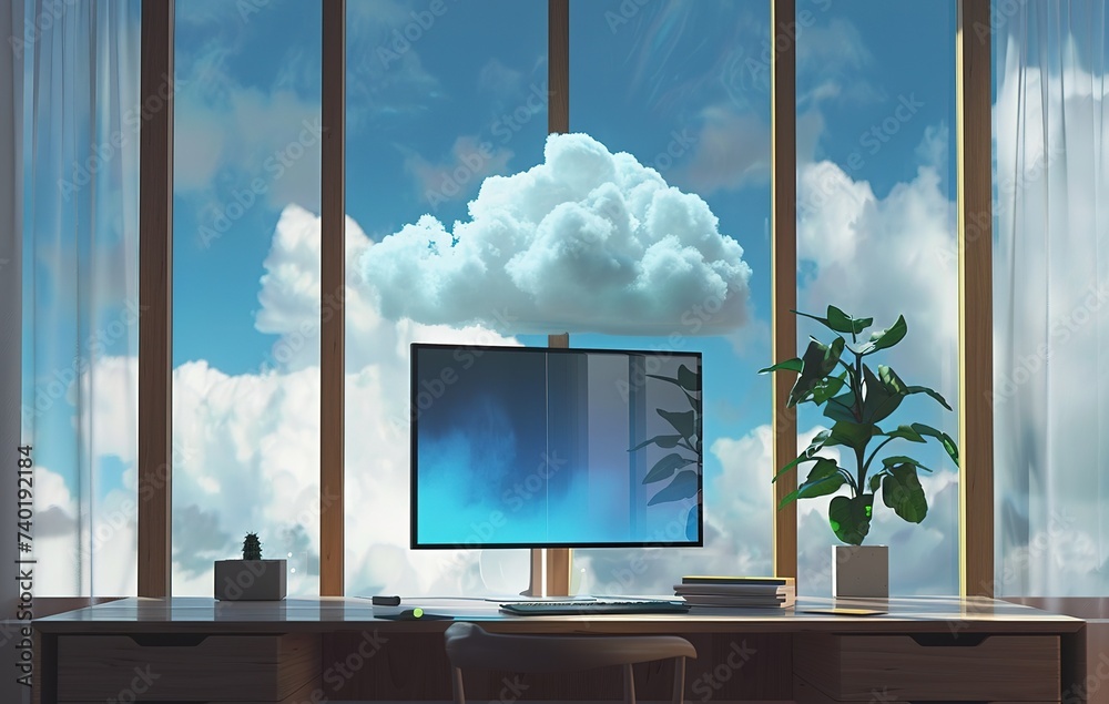 Poster modern computer monitor displaying cloud icon