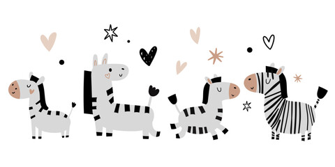 Cute baby zebra character set doodle vector childish kid toddler background in scandinavian minimalist style for bedsheet, fabric, clothes. © Alina Nikitaeva