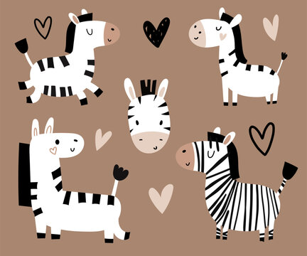 Cute zebra seamless pattern vector childish kid toddler background in scandinavian minimalist style for bedsheet, fabric, clothes.