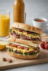 Breakfast Sandwich with Meat, Cheese and Vegetables on White Table