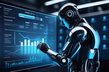 Businessman touch automated data management system to create reports with KPIs and indicators connected to the database. Data analysis with intelligent AI robot technology in business analysis.
