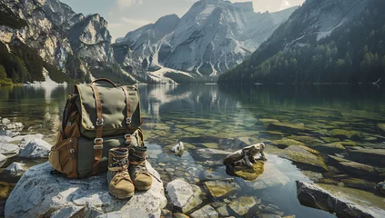Fotobehang An illustration featuring a backpack and hiking boots placed on the shore of a lake, with majestic mountains in the background. The concept of hiking and travel adventures. © jex