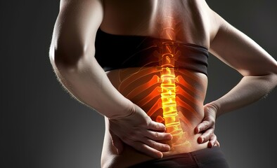 Woman experiencing back pain, area showing discomfort highlighted - health and medicine concept