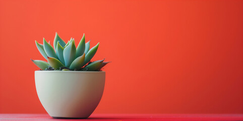 Succulent in a ceramic pot on a coral red background. Bright and cheerful home decor concept....