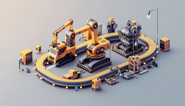 Isometric 3D Car Factory render, Automated Robot Arm Assembly Line Manufacturing Advanced High-Tech Green Energy Electric Vehicles. Construction, Building, Welding Industrial Production Conveyor