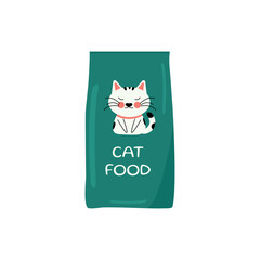 A sea green cat food package with a cute little cat on it. Flat pack with pet food. Concept for pet products, pet food, veterinary clinic. Vector in flat style, eps 10 on a white background.
