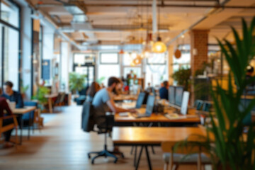 Defocused image of a lively modern co-working area with people and indoor plants. Resplendent. - obrazy, fototapety, plakaty