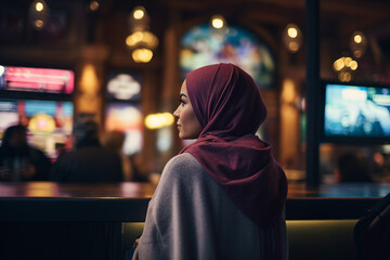 Digital generative ai collage image of islamic woman sit in cafe wait for order - Powered by Adobe