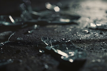 closeup shot of a shattered glass bottle on a dark ground, bokeh