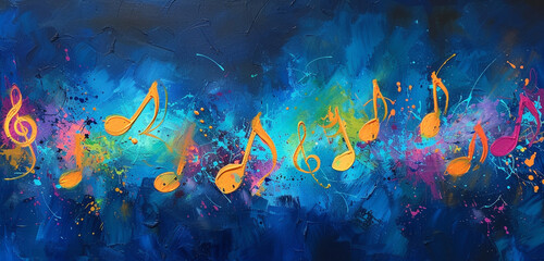 An abstract interpretation of music notes and sound waves dancing over a deep blue background, symbolizing the energy of a dancehall with each note painted in bursts of neon colors