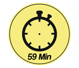 59 minutes stopwatch symbol. Timer sign icon yellow and black isolated on white background