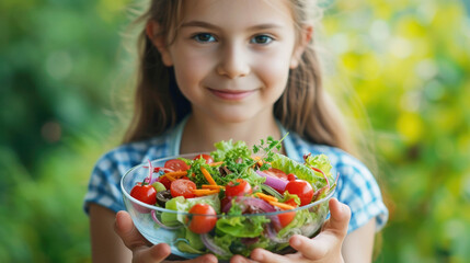 Close-up of transparent salad bowl with lettuce, tomato, onion, grated carrot and olives, held by a girl in a in a natural garden environment. Ai generated