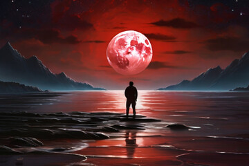 A man standing on the shore under a full red moon - obrazy, fototapety, plakaty
