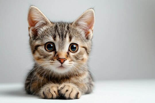 Cute cat with big eyes looks into the camera and asks holding paws together