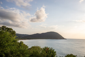 Guadeloupe, a Caribbean island in the French Antilles. Landscape and view of the Grande Anse bay on Basse-Terre. A secluded bay, lots of nature and mangroves, at sunrise.