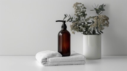 mockup liquid soap bottle with towels. bathroom, beauty, spa 