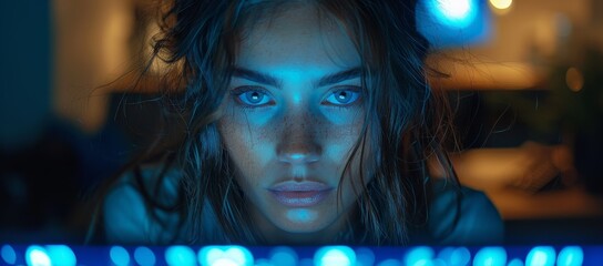 A captivating portrait of a woman gazing directly at the camera, her human face highlighted by the soft glow of light in the night, her delicate features accentuated by long eyelashes, full lips, and
