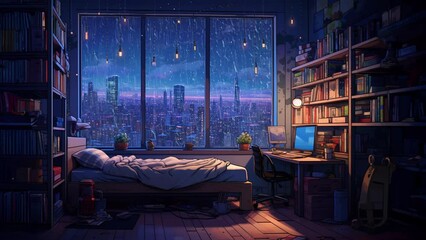 Loop animated virtual bedroom interior with city view, rain from window
