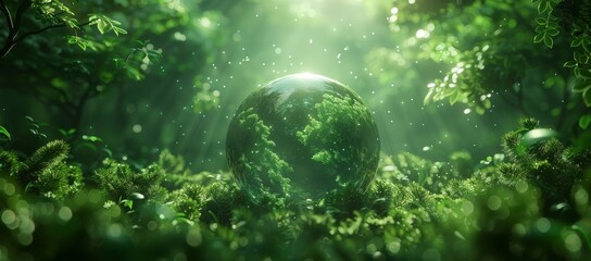 A solitary glass ball, reflecting the warm summer sunlight amidst the towering trees and lush green plants, creating a magical bubble of light in the heart of the forest - Powered by Adobe