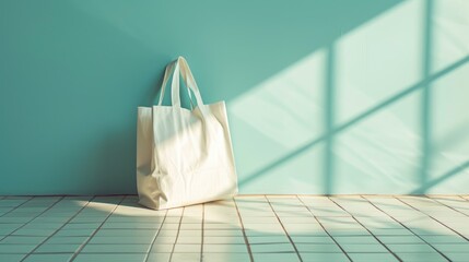 In the image, a plain canvas tote bag is positioned upright on a tiled floor against a pastel blue wall. The natural sunlight filtering through what appears to be a window creates an interesting patte