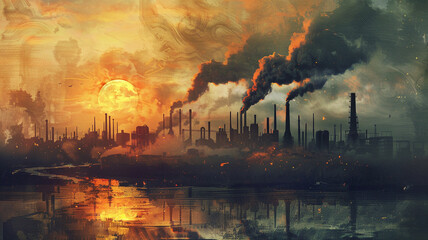 Fototapeta na wymiar An industrial site at sunset with dirty water and smoke concept of industrial pollution