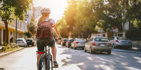 Foto auf Acrylglas Tourist young woman cycling down the street, Active urban travel cycling concept © StockWorld