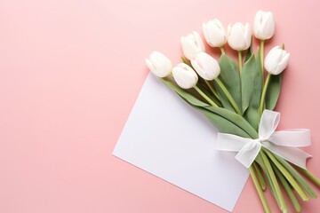 A neatly tied bouquet of pristine white tulips lies next to a blank card on a pastel pink background, ideal for heartfelt messages and special occasions. White Tulips Bouquet with Blank Card on Pink