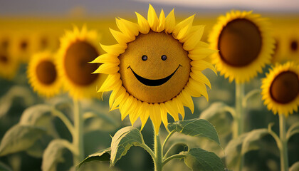 Smiling sunflower field banner, Ai generated image