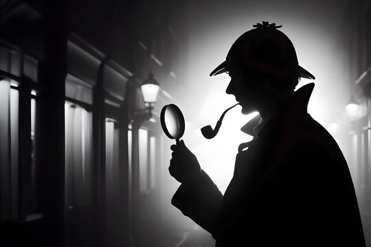 Sherlock Holmes in vintage attire with magnifying glass and pipe. Detective in Action