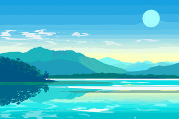 Calm landscape in blue tones with mountains, lake or sea. Vector illustration.
