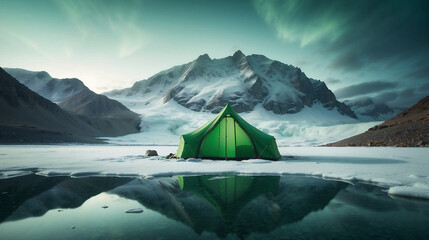 camping in the snow mountains - obrazy, fototapety, plakaty