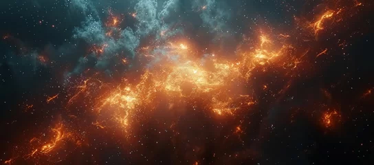 Badkamer foto achterwand A mesmerizing display of cosmic fireworks illuminating the vast expanse of the universe, as a fiery nebula dances in the smoke-filled sky of outer space © Larisa AI