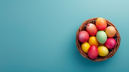 Colorful easter eggs in basket on blue background