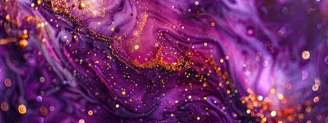 Purple liquid with tints of golden glitter, Purple background with a scattering of gold sparkles, Magic Galaxy of golden dust particles. Luxury, premium, beauty