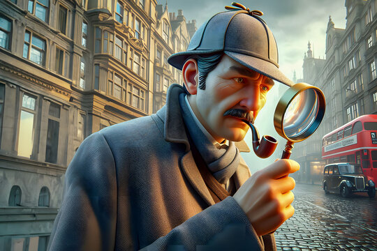 Sherlock Holmes in vintage attire with magnifying glass and pipe. Detective in Action