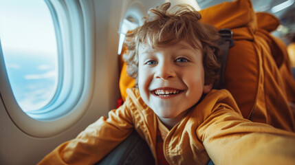 Little boy play with toy plane in the commercial jet airplane flying on vacation