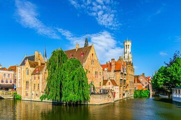 Bruges cityscape, Bruges historical city centre, Rosary Quay Rozenhoedkaai embankment with brick...