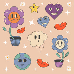 Vector hand drawn groovy sticker set