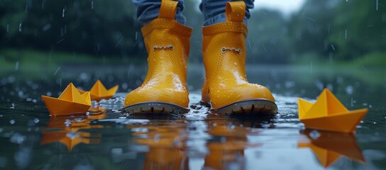 Boldly braving the rain, a figure stands tall in bright yellow boots, reflecting the vibrant spirit of the great outdoors - obrazy, fototapety, plakaty