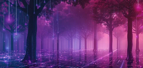 Photo sur Plexiglas Tailler An abstract vision of a digital forest, where the trees are circuits and the leaves are shimmering data points, all cast under a vibrant purple sky