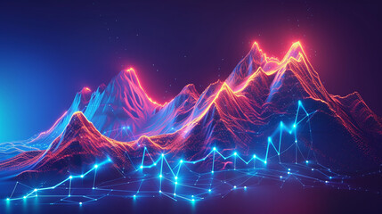 Success concept background about business success using mountain peaks and neon dot line to the top