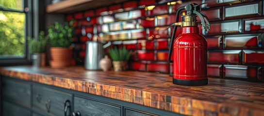 A vibrant red fire extinguisher sits on an indoor shelf, ready to combat any potential flames with its trusty bottle-shaped body