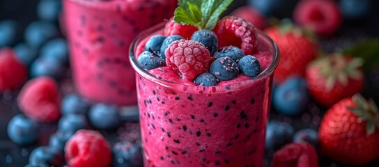 A refreshing blend of superfruits, including alpine strawberries, raspberries, and blueberries, creates a naturally sweet and vibrant pink smoothie, perfect for any health-conscious individual seekin - obrazy, fototapety, plakaty