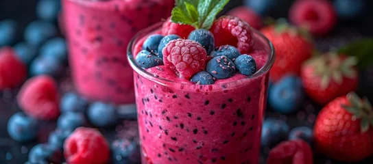 Foto op Canvas A refreshing blend of superfruits, including alpine strawberries, raspberries, and blueberries, creates a naturally sweet and vibrant pink smoothie, perfect for any health-conscious individual seekin © Larisa AI