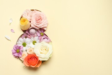8 March greeting card design with flowers and space for text, top view. Happy International Women's Day