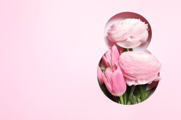 8 March greeting card design with flowers and space for text, top view. Happy International Women's Day