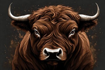 brown Raging bull. Generative AI illustration on Smokey black background - obrazy, fototapety, plakaty